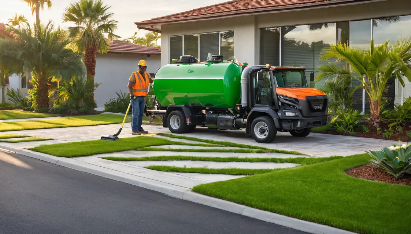 A friendly provider with a pumper truck parked near a single-story concrete block home in the Eustis area
